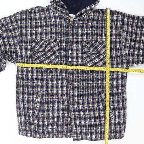 Earth Ragz Men's Blue Checked Hooded Fleece Jacket Size M