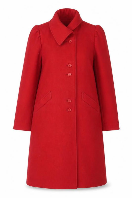 Front view of Sears Women's Red Wool Long Overcoat, size 6, Classic Vintage