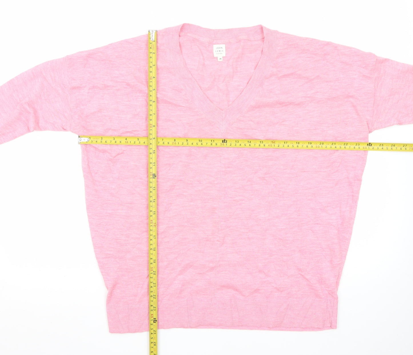 John Lewis Women Pink V-Neck Cotton Knit Jumper Size 14