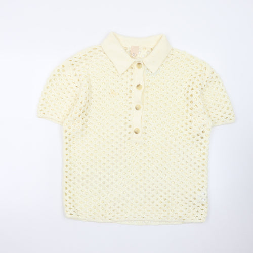 H&M Women's Ivory Crochet Collared Henley Jumper Size S