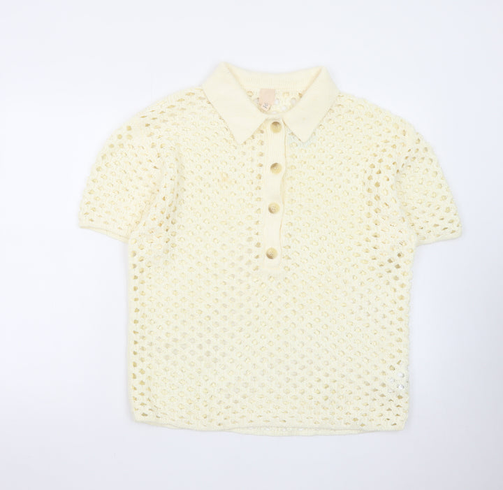 H&M Women's Ivory Crochet Collared Henley Jumper Size S