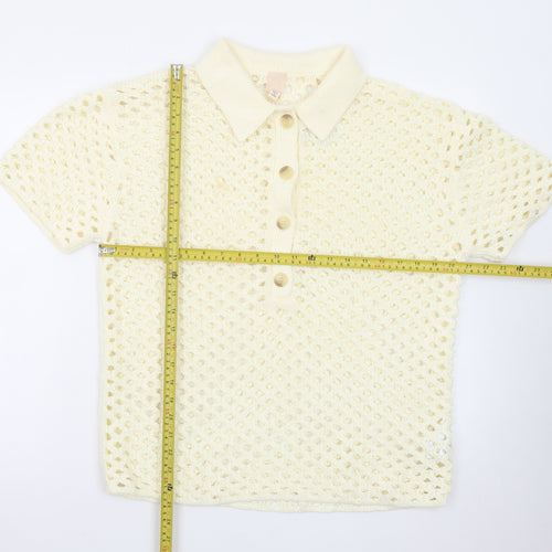 H&M Women's Ivory Crochet Collared Henley Jumper Size S