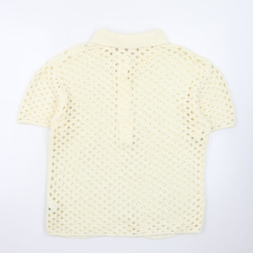 H&M Women's Ivory Crochet Collared Henley Jumper Size S