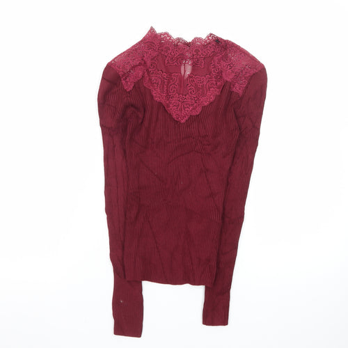 New Look Womens Red Lace High Neck Slim Fit Petite Jumper Size 4