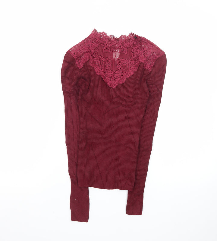 New Look Womens Red Lace High Neck Slim Fit Petite Jumper Size 4