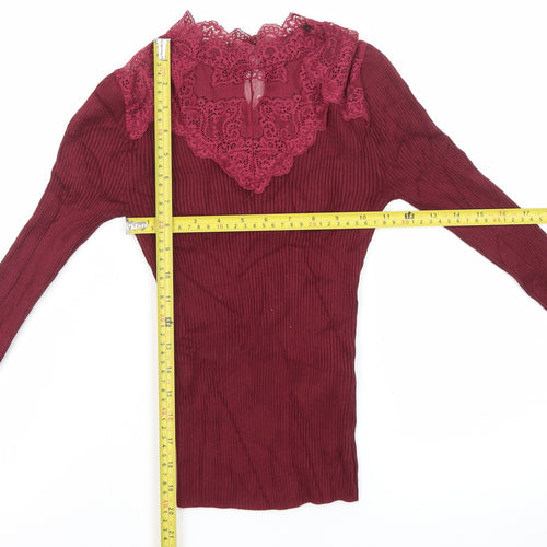 New Look Womens Red Lace High Neck Slim Fit Petite Jumper Size 4