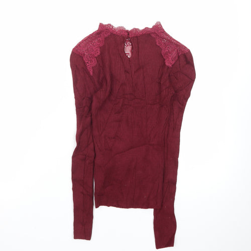 New Look Womens Red Lace High Neck Slim Fit Petite Jumper Size 4