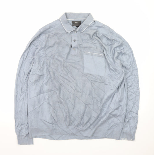Marks and Spencer Men's Blue 2XL Long Sleeve Cotton Polo Shirt