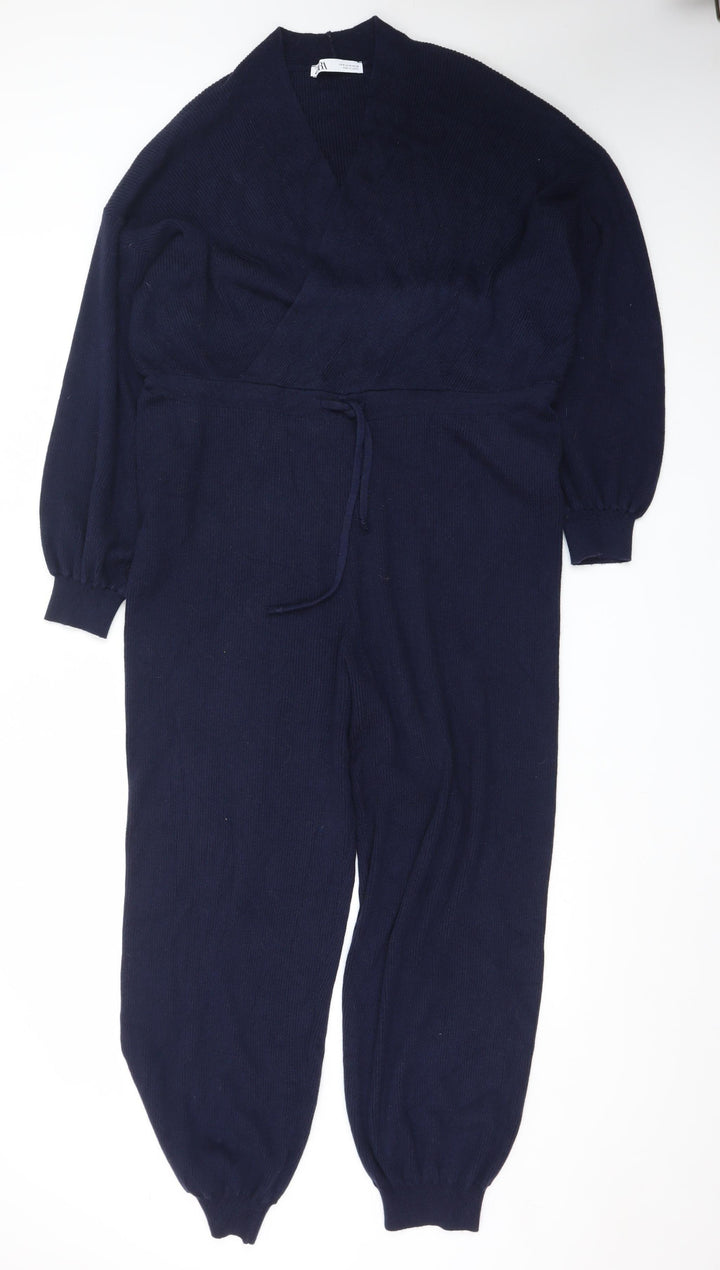 Zara Women Navy Blue Knit Long Sleeve Jumpsuit Size M