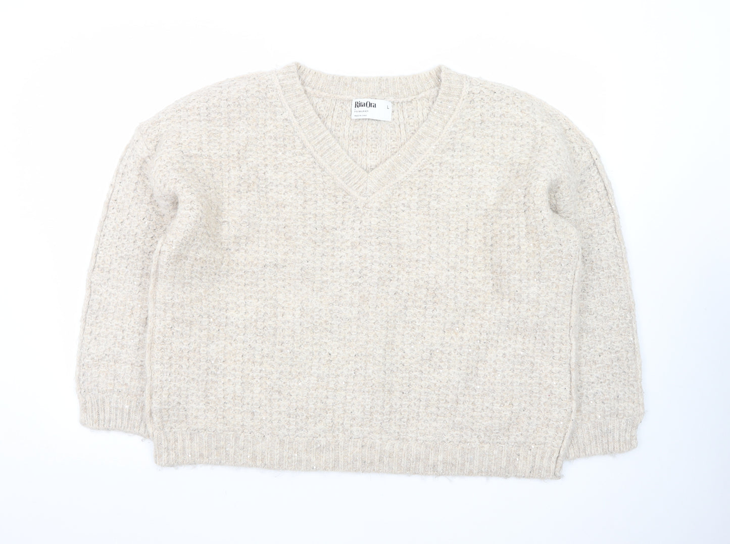 Primark Women’s Beige Chunky Knit V-Neck Wool Blend Jumper Size L