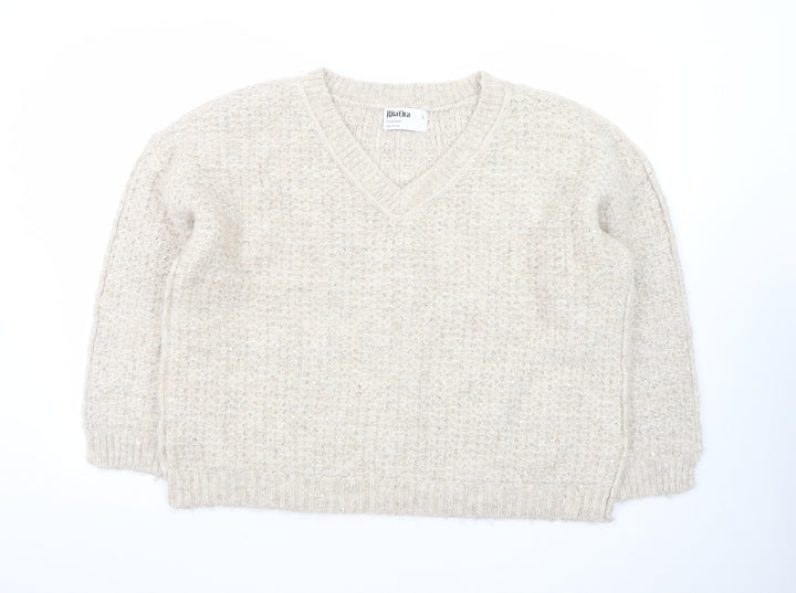 Primark Women’s Beige Chunky Knit V-Neck Wool Blend Jumper Size L