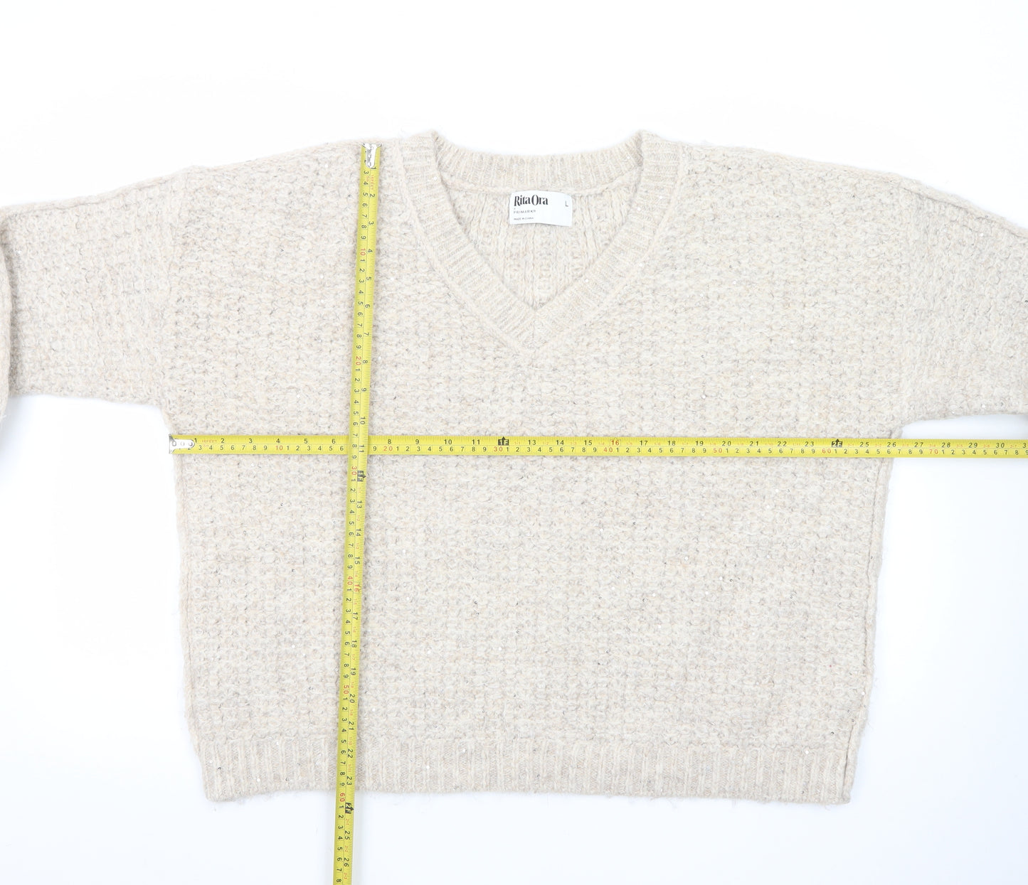 Primark Women’s Beige Chunky Knit V-Neck Wool Blend Jumper Size L