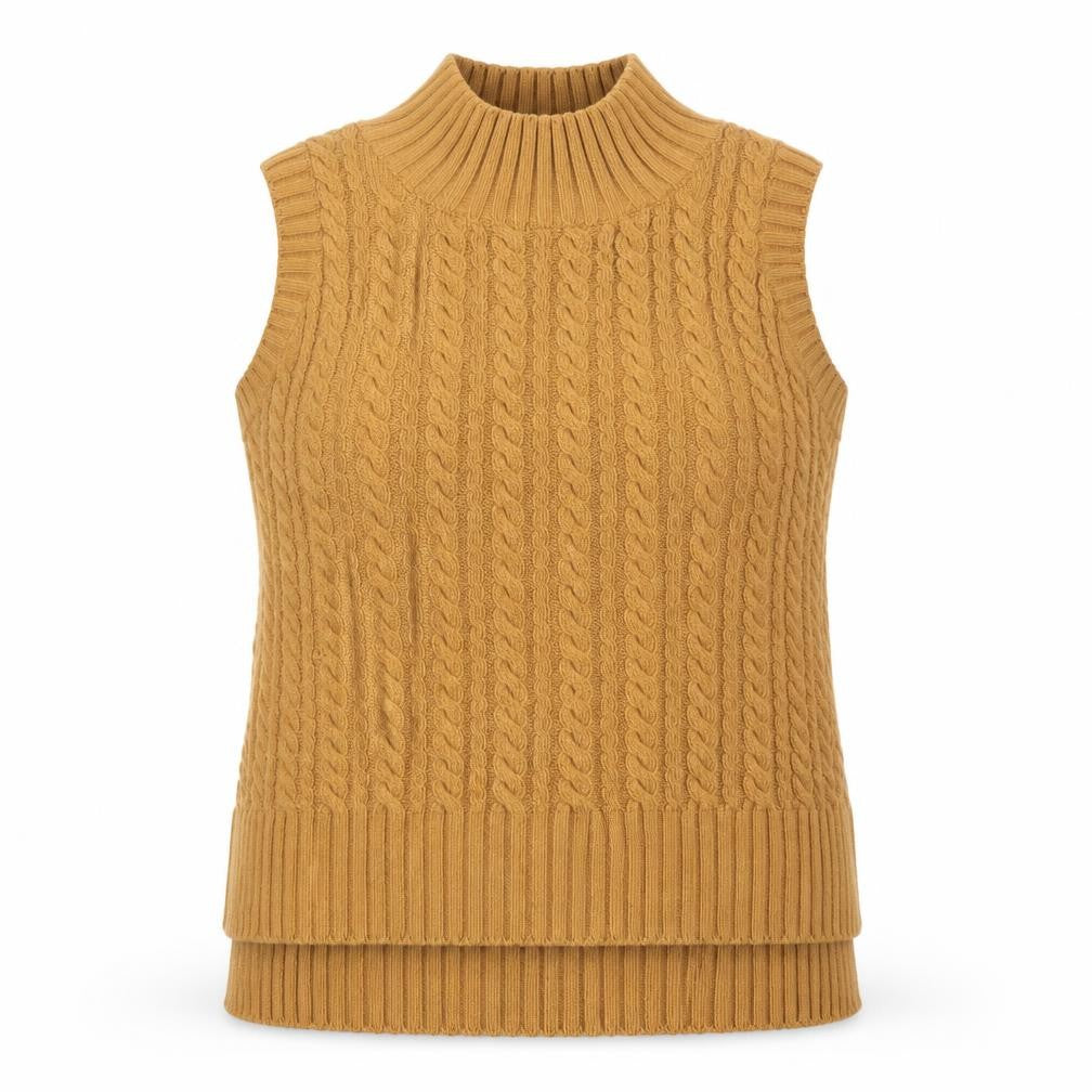 French Connection Womens Brown Roll Neck Cable Knit Wool Blend Vest M