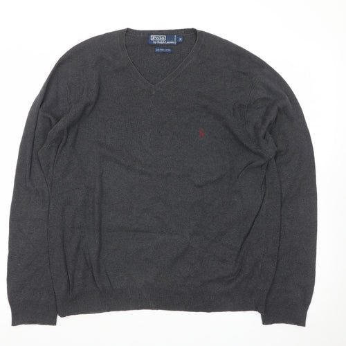 Ralph Lauren Men's Grey Cotton V-Neck Jumper Size M