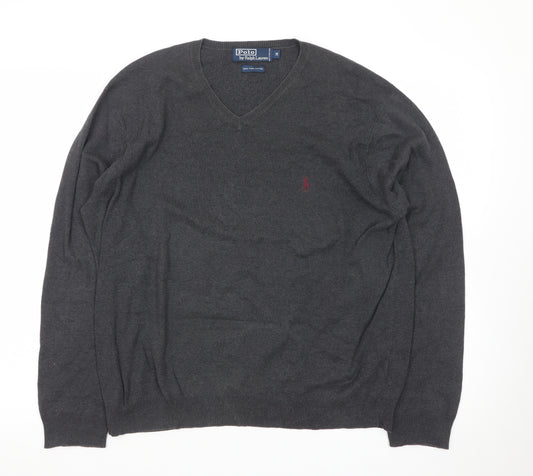 Ralph Lauren Men's Grey Cotton V-Neck Jumper Size M