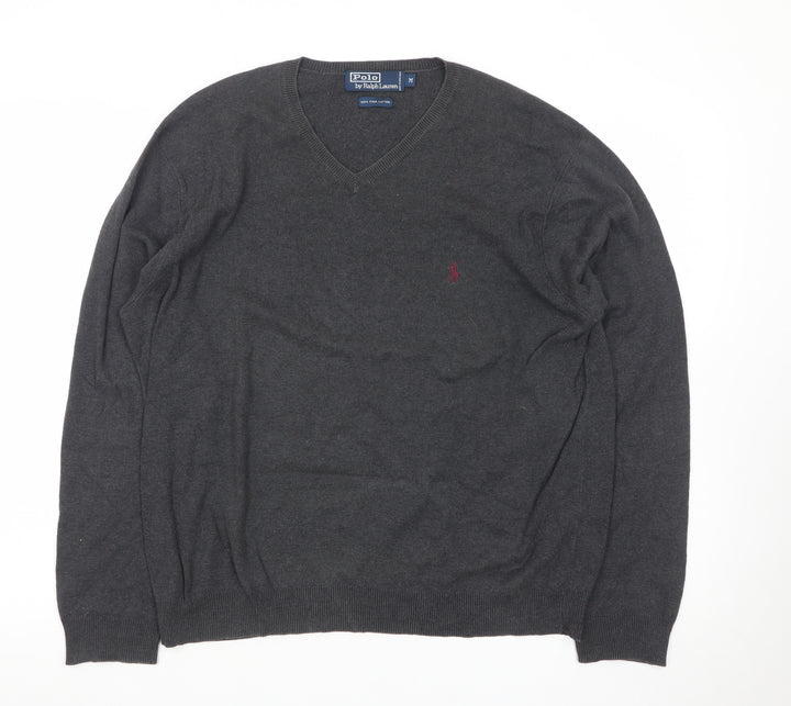 Ralph Lauren Men's Grey Cotton V-Neck Jumper Size M