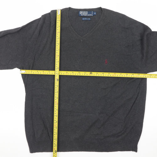 Ralph Lauren Men's Grey Cotton V-Neck Jumper Size M