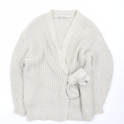 ZARA Women Beige Chunky Knit V-Neck Tie Cardigan Size S
