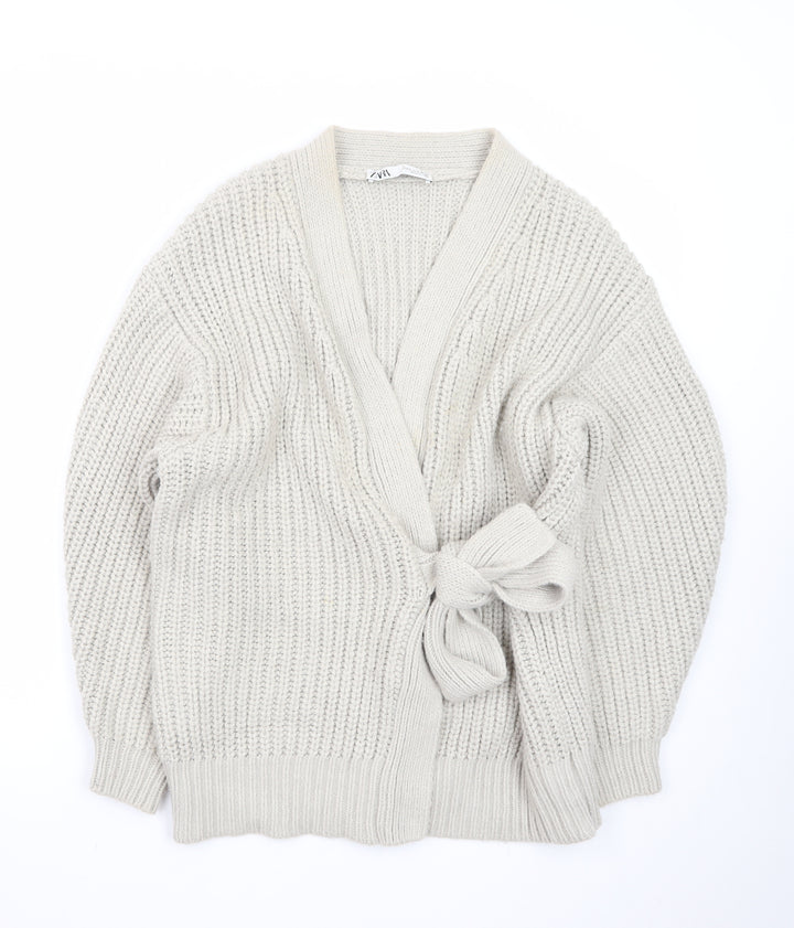 ZARA Women Beige Chunky Knit V-Neck Tie Cardigan Size S