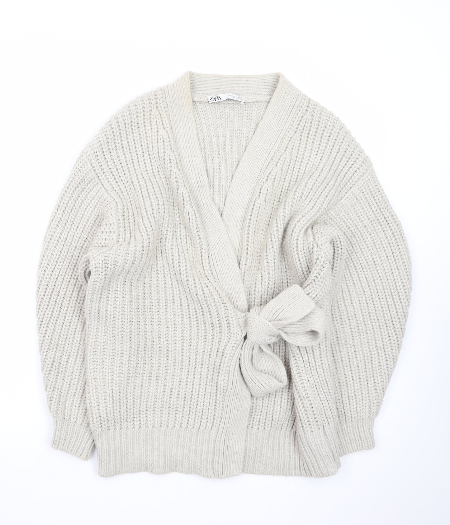 ZARA Women Beige Chunky Knit V-Neck Tie Cardigan Size S