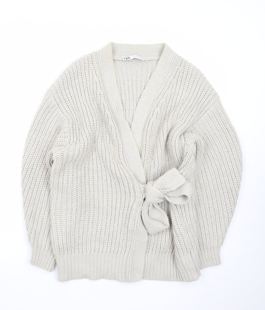 ZARA Women Beige Chunky Knit V-Neck Tie Cardigan Size S