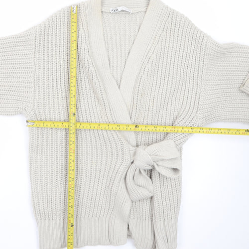 ZARA Women Beige Chunky Knit V-Neck Tie Cardigan Size S