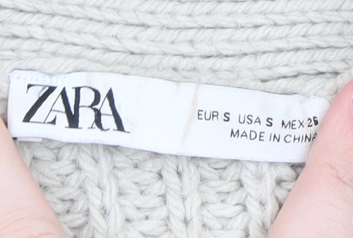 ZARA Women Beige Chunky Knit V-Neck Tie Cardigan Size S
