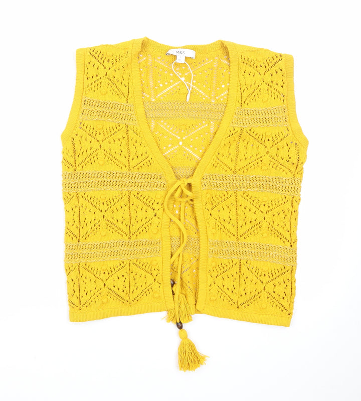 Marks and Spencer Women’s Yellow Knit Open Vest S Boho Tassel Sleeveless