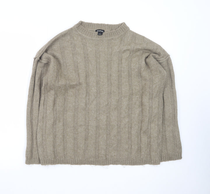 Boohoo Women's Beige Ribbed Knit Crew Neck Jumper Size L