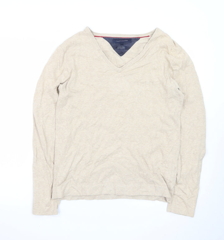 Tommy Hilfiger Men Beige V-Neck Cotton Pullover Jumper Size S