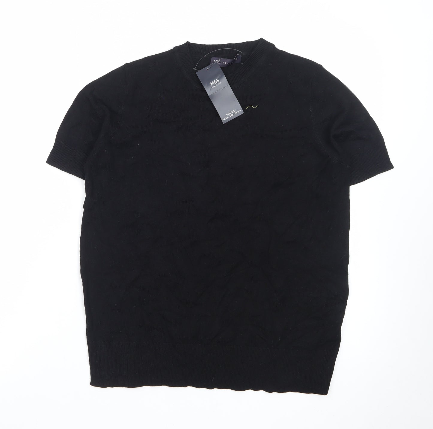 Marks and Spencer Women's Black Cotton Short Sleeve Crew Neck Jumper Size 10