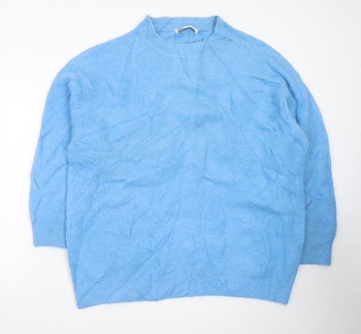 Zara Women Blue Wool Blend Crew Neck Pullover Jumper Size L