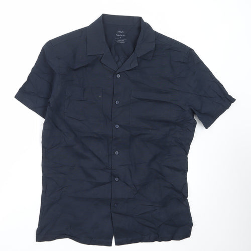 Marks and Spencer Men's Blue Linen Blend Regular Fit Short Sleeve Shirt S