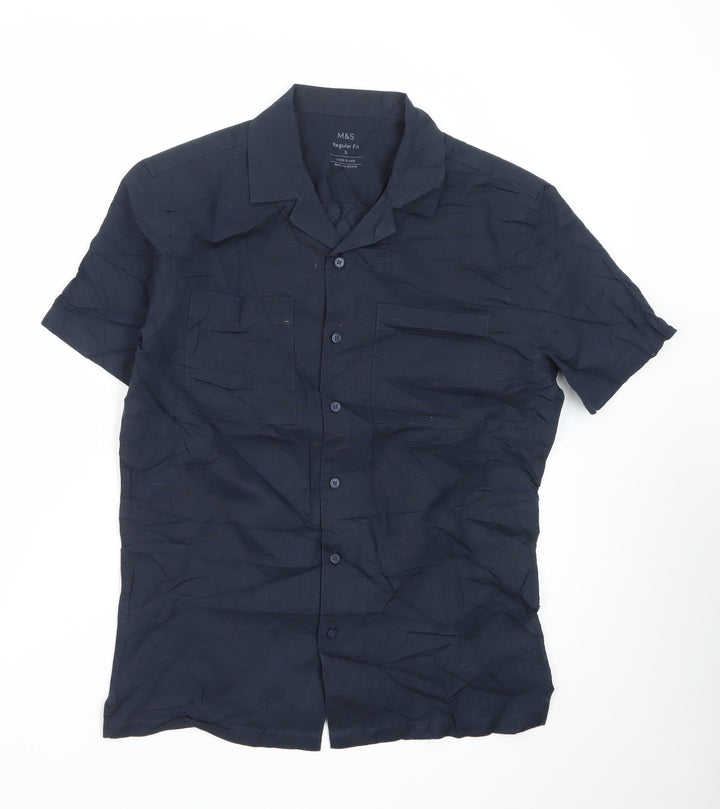 Marks and Spencer Men's Blue Linen Blend Regular Fit Short Sleeve Shirt S