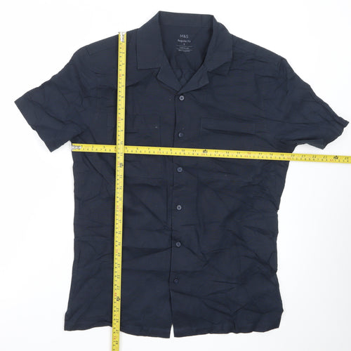 Marks and Spencer Men's Blue Linen Blend Regular Fit Short Sleeve Shirt S