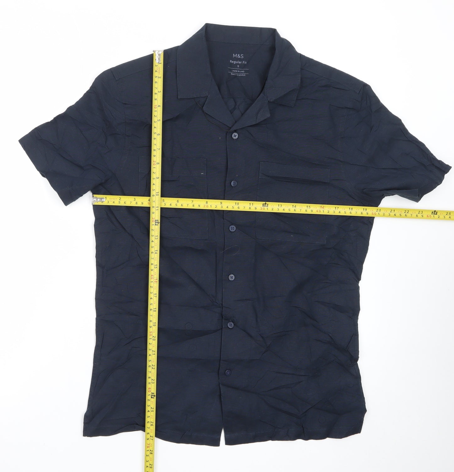 Marks and Spencer Men's Blue Linen Blend Regular Fit Short Sleeve Shirt S