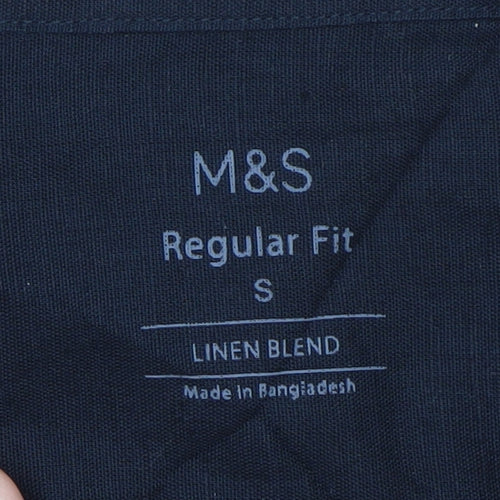 Marks and Spencer Men's Blue Linen Blend Regular Fit Short Sleeve Shirt S