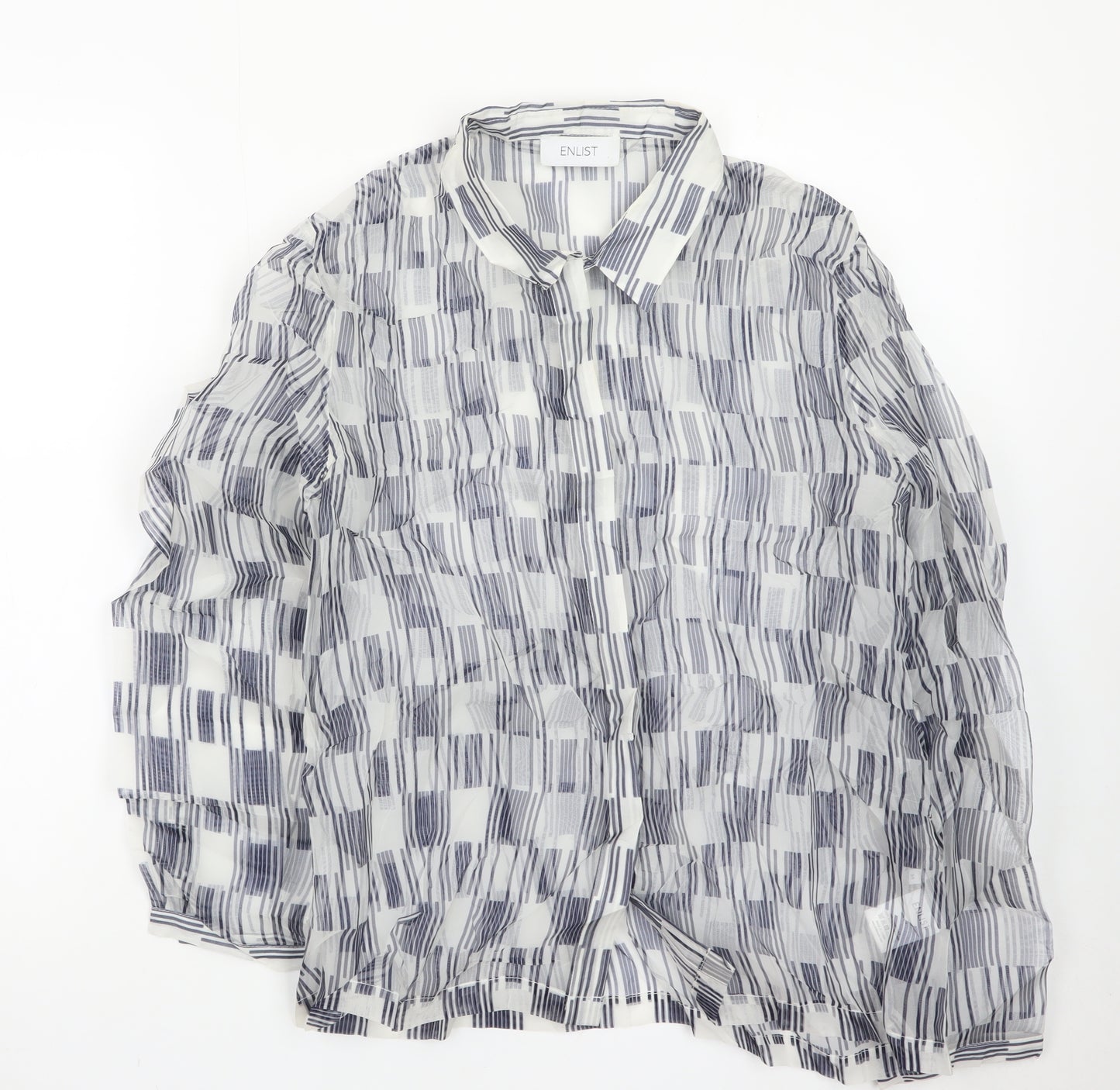 ENLIST Women's Blue Geometric Sheer Button-Up Blouse Size 14