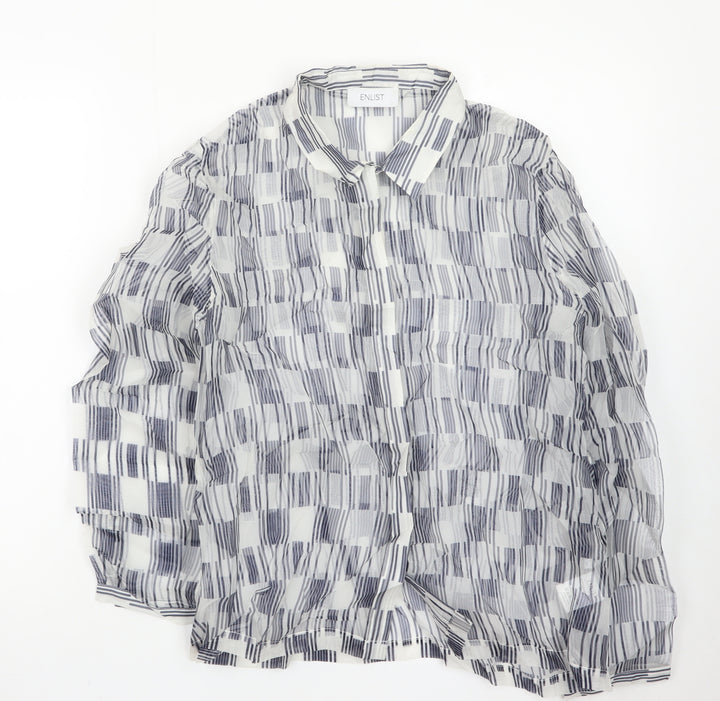 ENLIST Women's Blue Geometric Sheer Button-Up Blouse Size 14