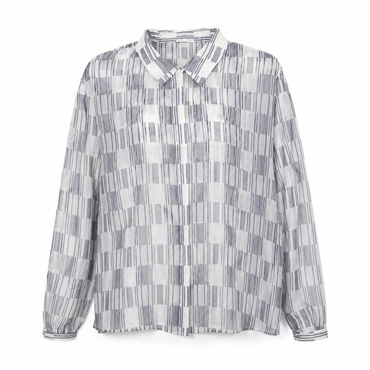 Front view of ENLIST Women's Blue Geometric Sheer Button-Up Blouse, size 14