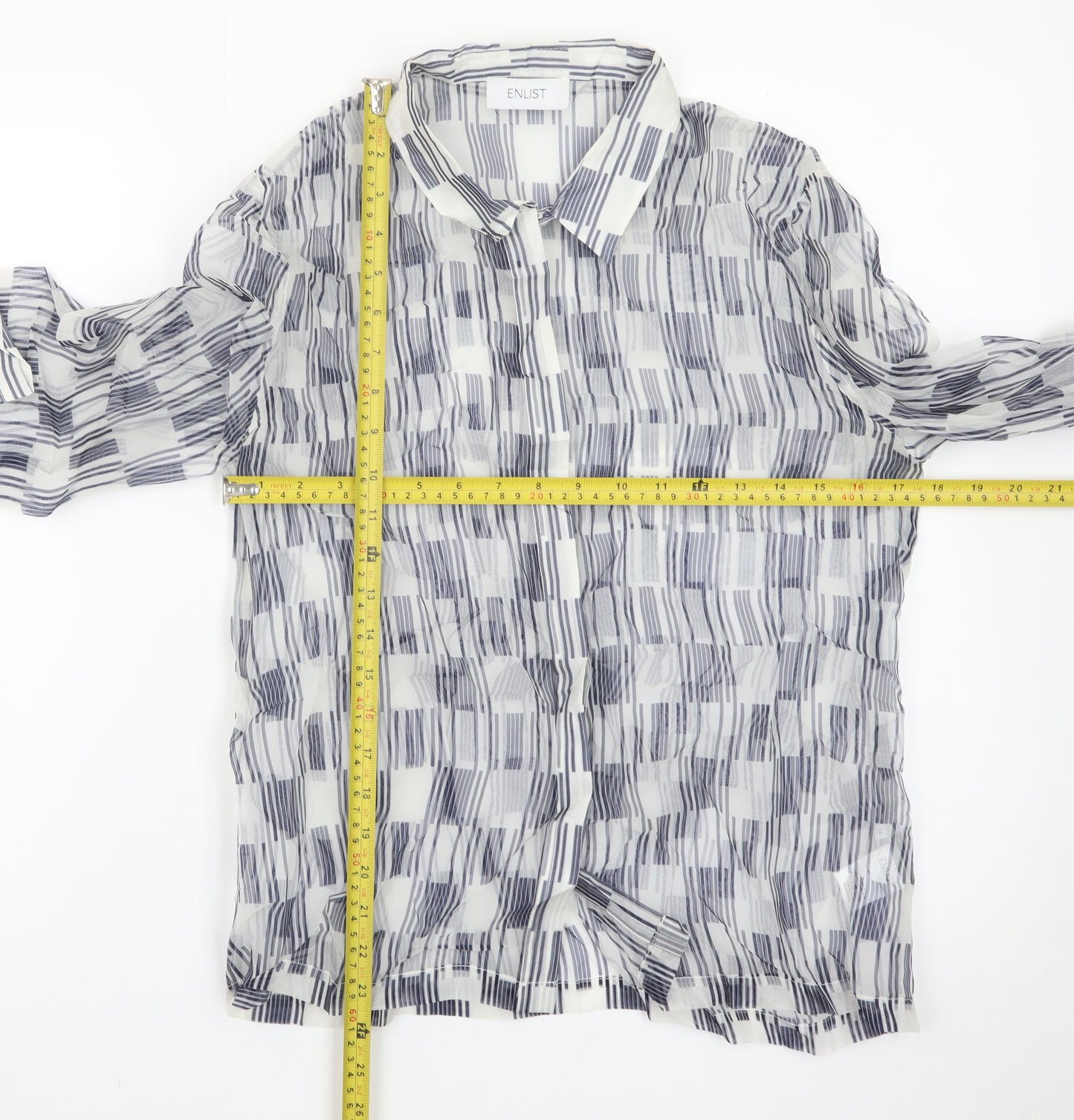 ENLIST Women's Blue Geometric Sheer Button-Up Blouse Size 14