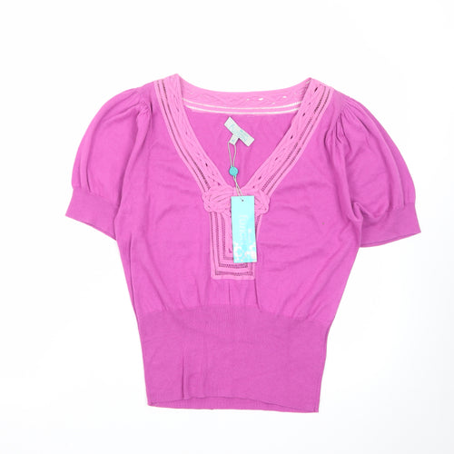 Monsoon Women Pink V-Neck Knit Short Sleeve Pullover Jumper M