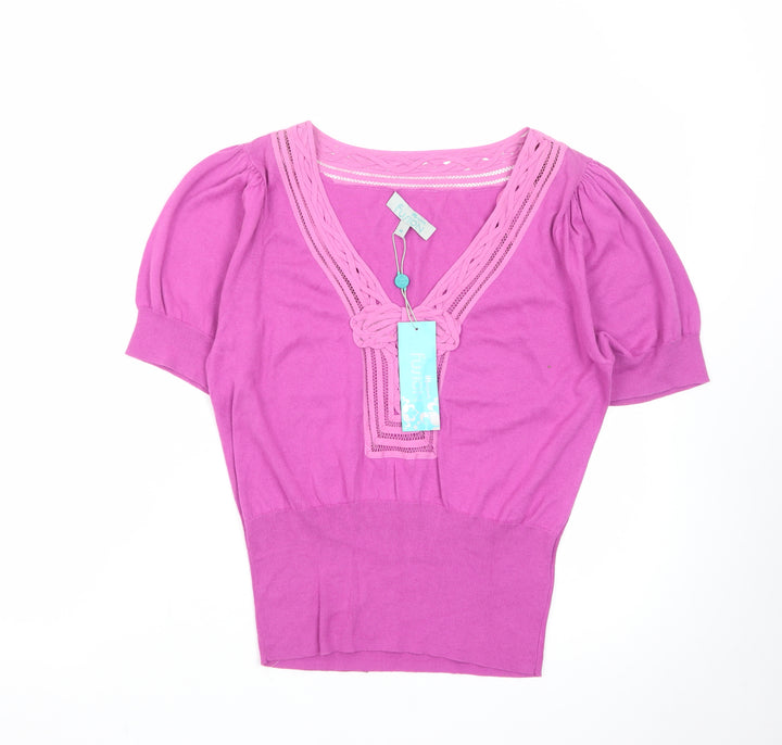 Monsoon Women Pink V-Neck Knit Short Sleeve Pullover Jumper M