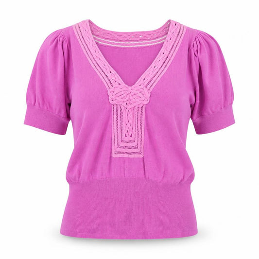 Front view of Monsoon Women Pink V-Neck Knit Short Sleeve jumper M