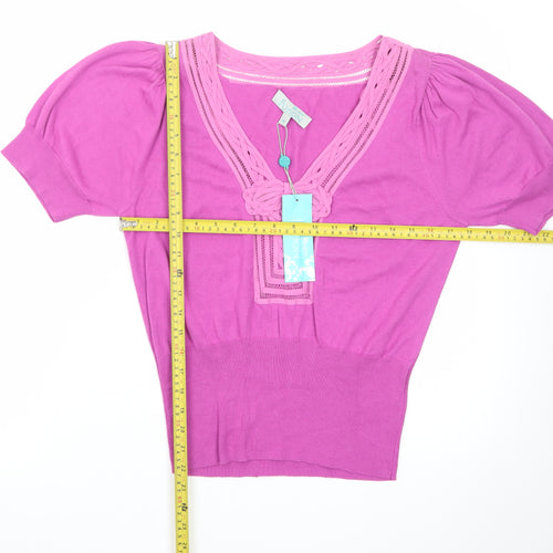 Monsoon Women Pink V-Neck Knit Short Sleeve Pullover Jumper M