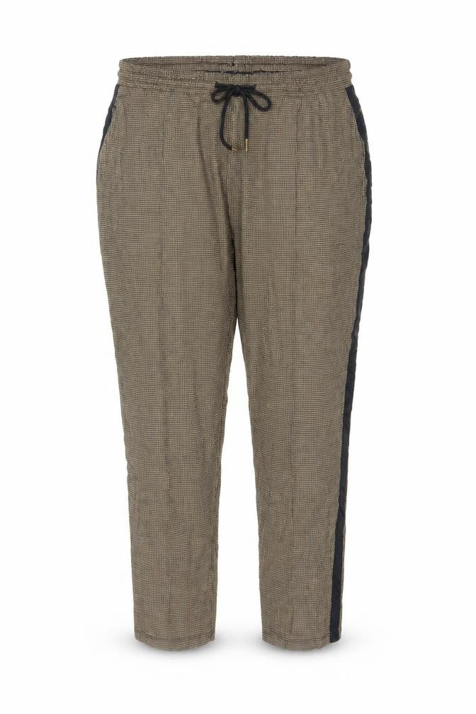 Front view of Marks & Spencer women’s brown check tapered trousers, size UK 18
