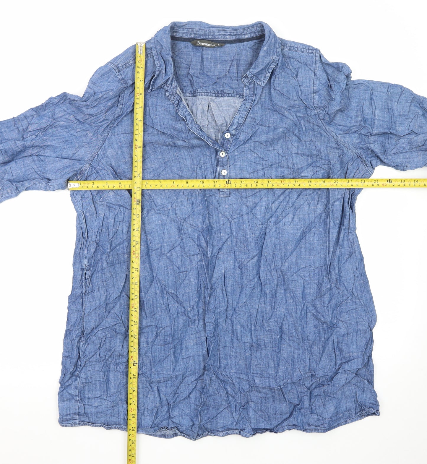 Bonmarché Women’s Blue Chambray Shirt Dress Size 22 Collared 3/4 Sleeve
