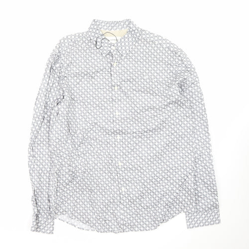 Marks and Spencer Men’s White Geometric Long Sleeve Cotton Button-Up Shirt L