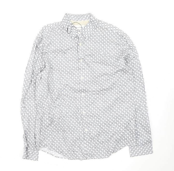 Marks and Spencer Men’s White Geometric Long Sleeve Cotton Button-Up Shirt L