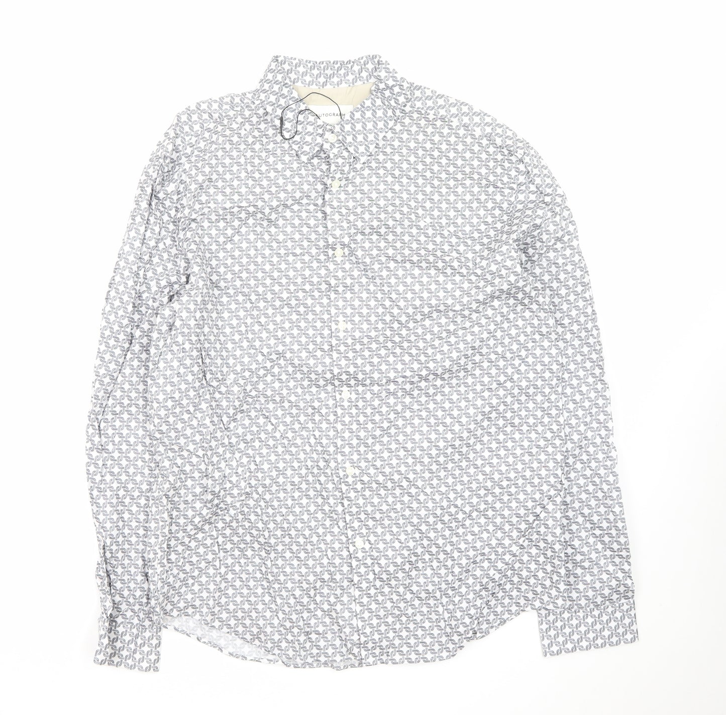 Marks and Spencer Men’s White Geometric Long Sleeve Cotton Button-Up Shirt L